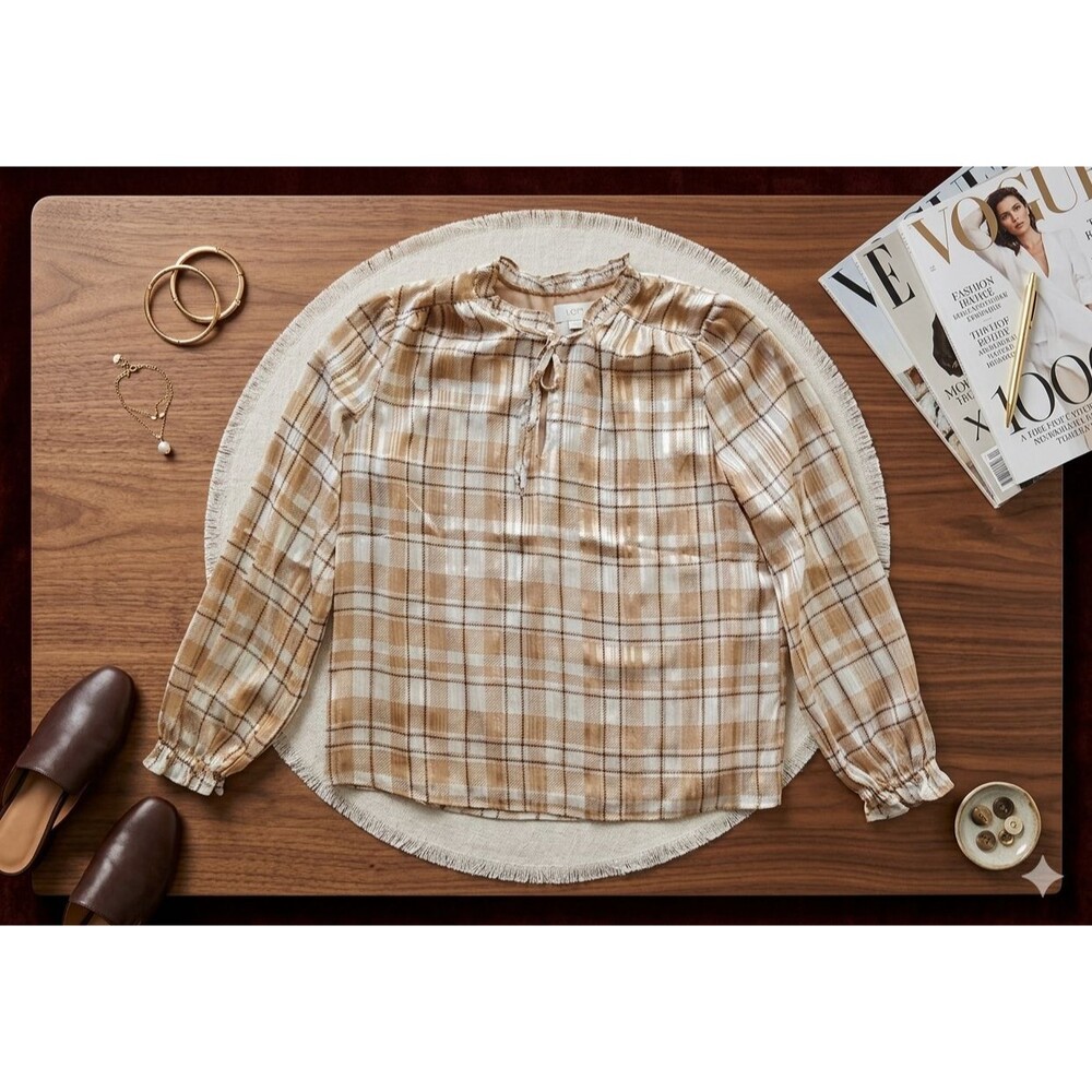 New Womens M Brown Plaid Gold Thread Lined Tie Neck Blouse Elegant Timeless Chic